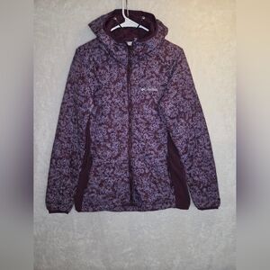 Columbia Jacket Purple Floral Womens Sz M Full Zip Hooded Lightweight Packable